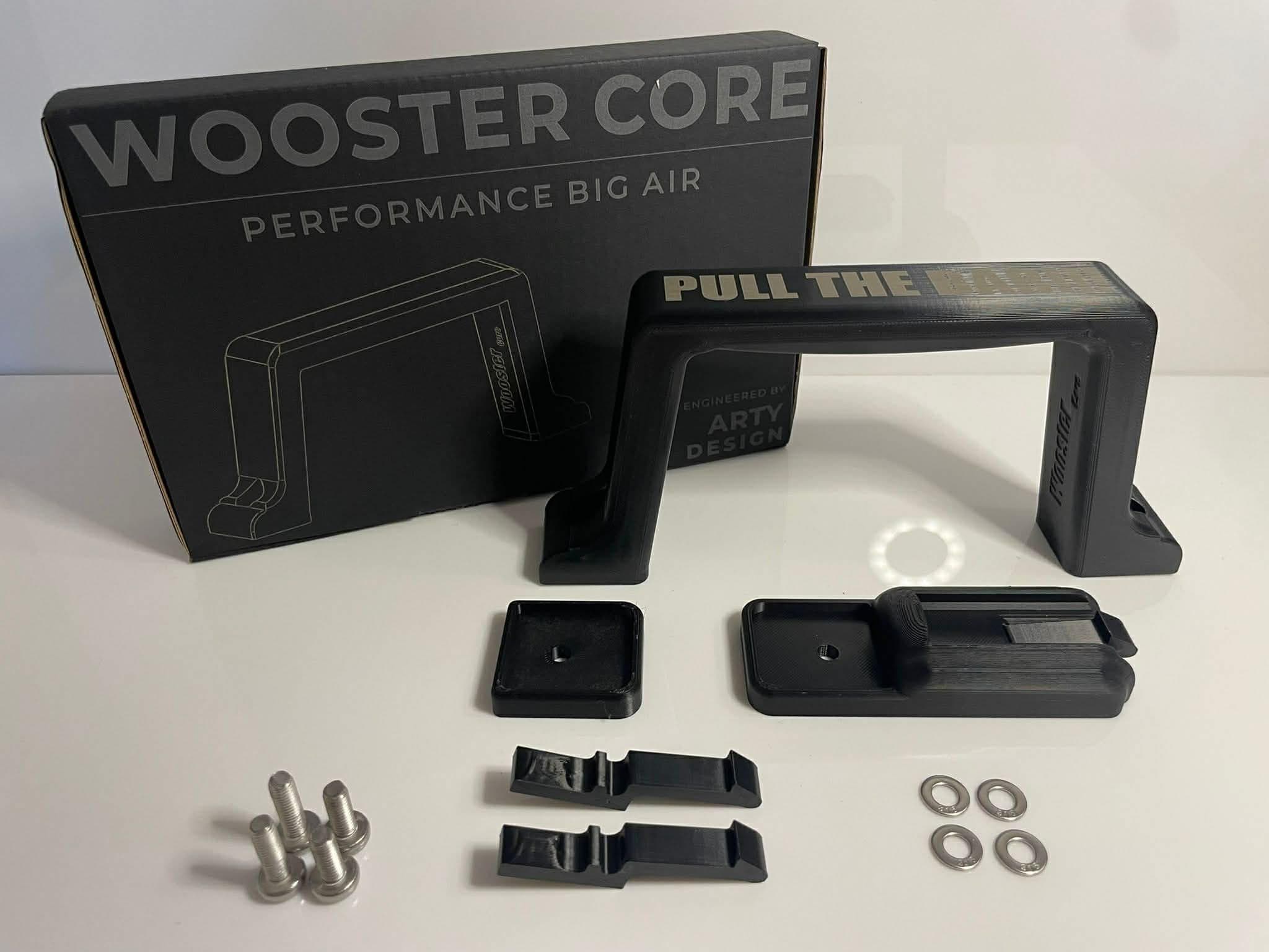 Wooster Core system - all components laid out including handle, mounting plates, clips, bolts, and washers